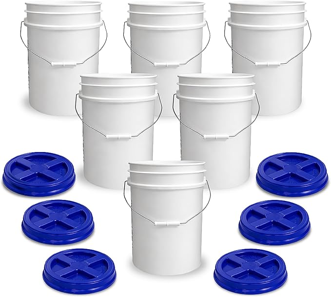 5 Gallon Bucket - Food Grade w/Lid BPA-Free, White/Blue, 6 | Airtight Gamma Seal Screw-On Lid, Heavy-Duty 90 Mil HDPE Plastic, Food Safe and Durable Container, Bulk Storage, Made in USA by ePackageSupply