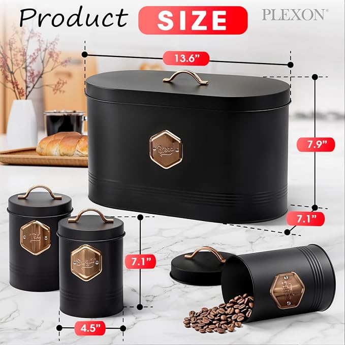 Plexon Bread Box for Kitchen Countertop with 3 Coffee, Tea, Sugar Canisters, Metal 4-Piece Bread Box Set with Lids and Cooper Labels, Black, BBCP4STBK - Image 2