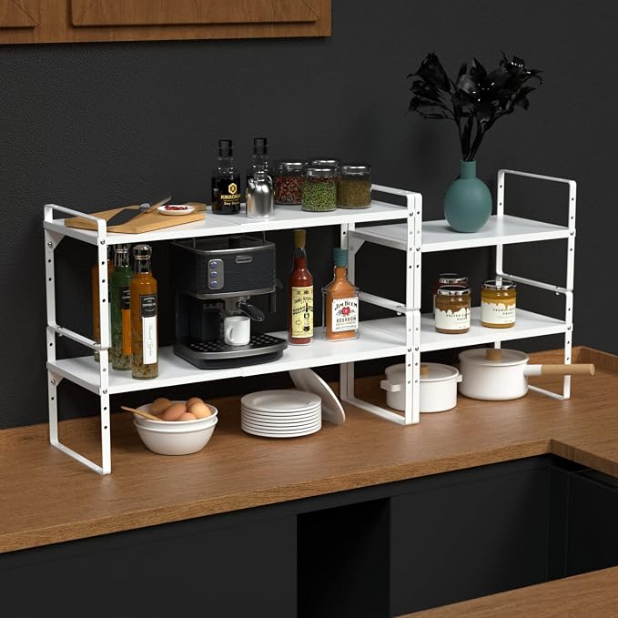 Expandable Cabinet Shelf Organizer, Stackable Kitchen Pantry Counter Storage, Adjustable Closet Cupboard Stand Rack Risers Spice Organization 80LBS Heavy Duty White Small 1 Pack - Image 4