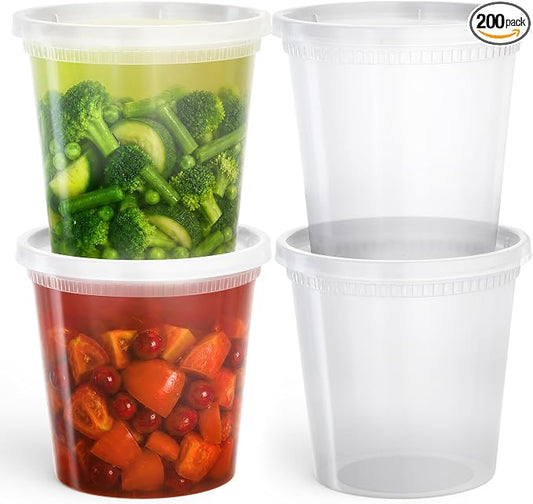 200 PACK (400 SETS) of 24 oz. Plastic Food Containers with Lids | Airtight, Microwave, Dishwasher, & Freezer Safe | Meal Prep, Disposable, Takeout Deli Soup Slime Round Food Storage Box by TopSellingProducts