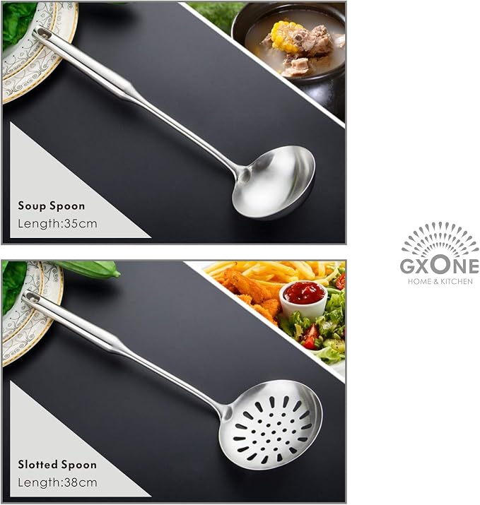 Cooking Utensils Set,6 PCS with Utensils Holder,304 Stainless Steel | Round handle,For kitchen cooking,Includes: wok spatula, soup ladle, slotted spoon, Spaghetti spoon, Utensils Holder - Image 4