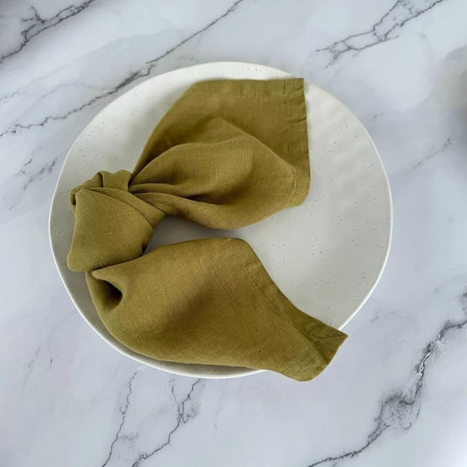 Linen Napkins –100% French Flax – Stonewashed Pure Linen Cloth Napkins - Size 18 Inch x 18 Inch – Set of 4 (Olive Green) - Image 2