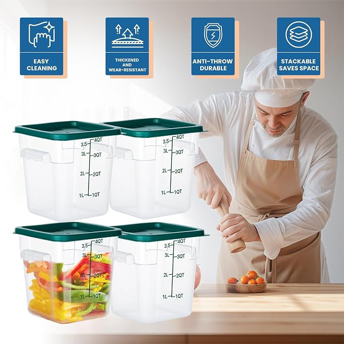 BIEAMA 4 Pack 4 Qt Square Food Storage Containers with Lids, NSF, Clear | Commercial polycarbonate containers with scale markings and handles; stackable for prep, brining, fermentation & bulk storage - Image 4