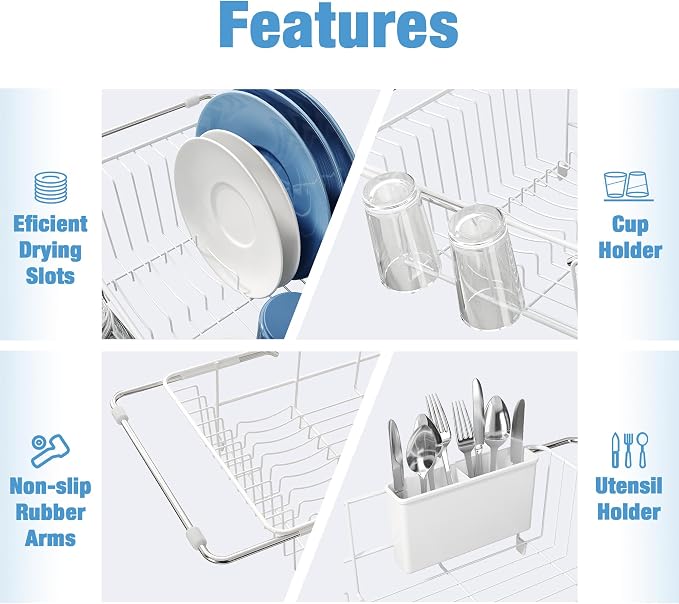 JASIWAY White Dish Drying Rack in Sink with Mat, Cups and Utensil Holder | Use Over the Sink or Counter, Stainless Steel Expandable Dish Drainer for Small Kitchen, Space Saving, Fast Drain, Rustproof - Image 8