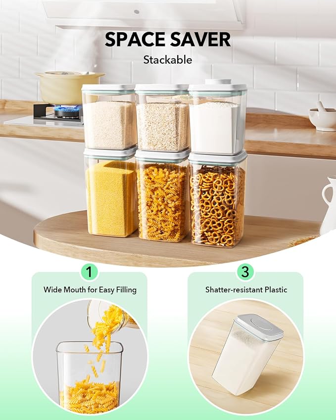 Food Storage Container Sets, 2.8 Qt *2+ 4.2 Qt *4 Airtight Canisters with Lids and 130ml Scoop, BPA-Free Plastic Pantry Containers for Flour, Sugar, Rice - Image 4