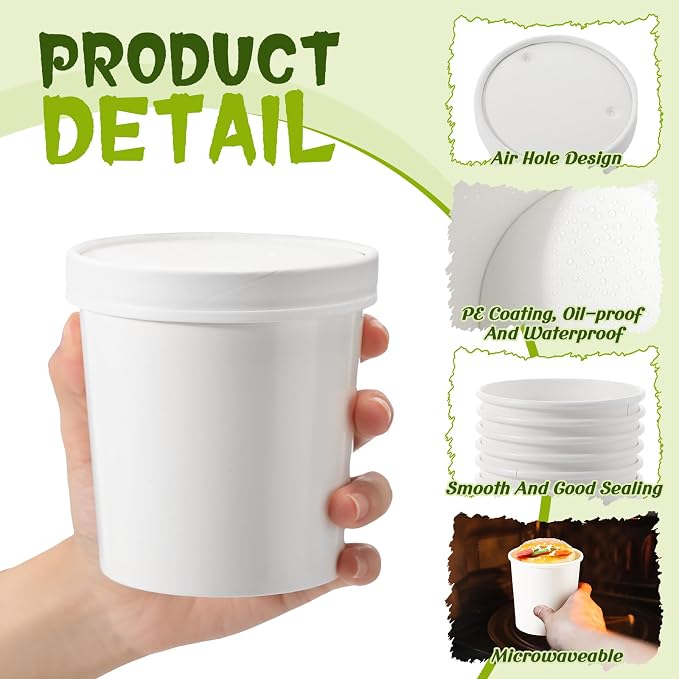 Fulmoon 100 Pack Paper Soup Containers with Lids Disposable Paper Food Containers with Vented Lid Kraft Ice Cream Cake Dessert Cups Soup Bowl for Party Hot Food Fruit Microwave(16 oz,White) - Image 3