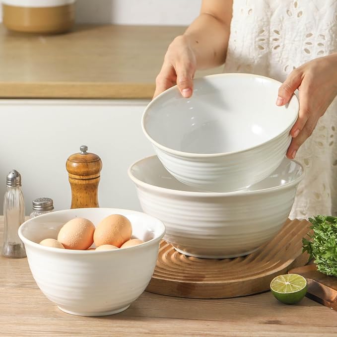 Hasense Mixing Bowls, Ceramic Serving Dishes for Cooking, Baking, Prepping, Nesting Bowls for Salads, Fruit, Popcorn, 2.1/1.5/1.0 Qt, Dishwasher & Microwave Safe, Clay-Infused White - Image 3
