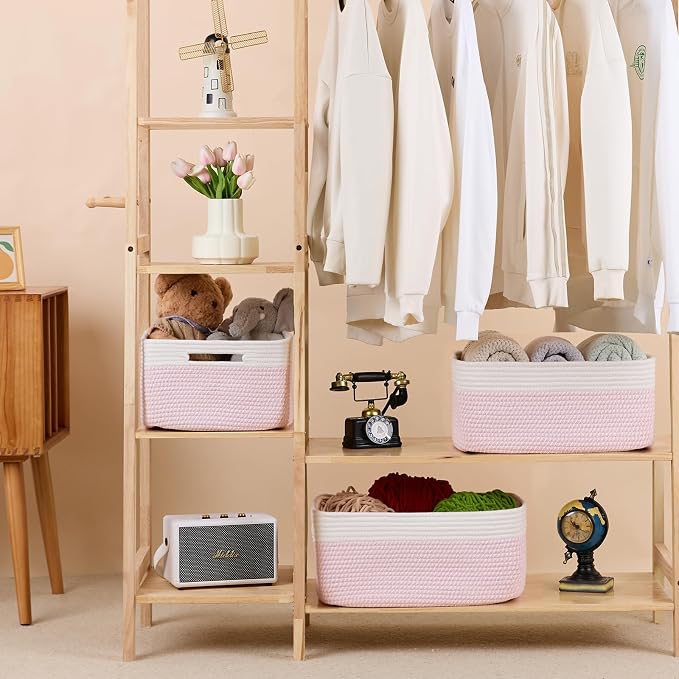 MiniArk Large Storage Baskets for Organizing, 17 x 13 x 7.5” Closet Shelf Baskets for Clothes Blanket Towels, Baby Nursery, Toy Bins Box, Woven Rope Baskets, 4 Packs Woven Pink - Image 3