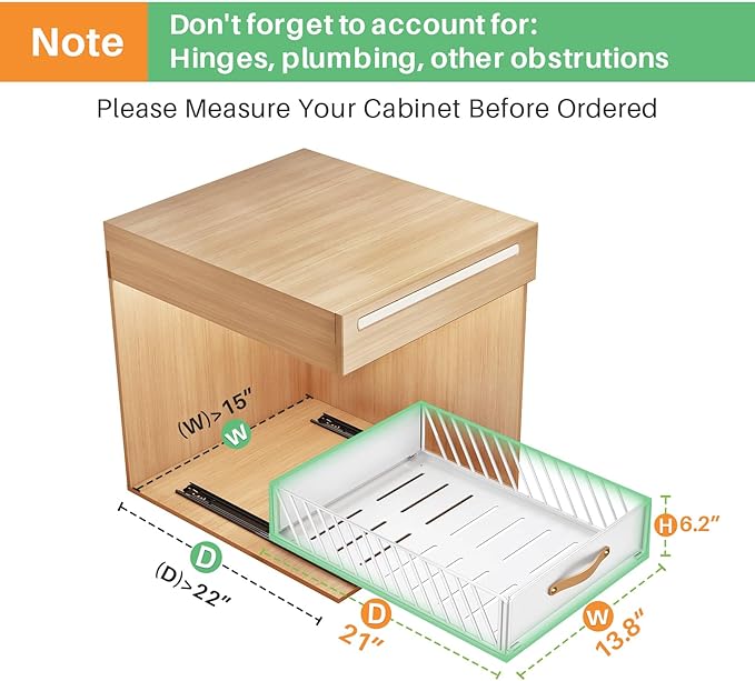 Pull out Cabinet Organizer,Heavy Duty Slide out Pantry Shelves Drawer Storage with Adhesive Nano Film,Sliding Mesh Cabinet Basket with Handle for Kitchen, Bathroom, Home, 13.8"W X 21"D X 6.2"H,White - Image 2