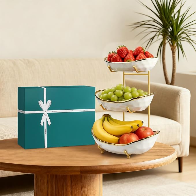 Fruit Bowl with Gold Metal Stand, 3 Tier Modern Ceramic Fruit Bowl Fruit Rack for Kitchen Counter, Tiered Fruit Basket for Snacks Bread Candy Storage (White,3 Tier) - Image 7