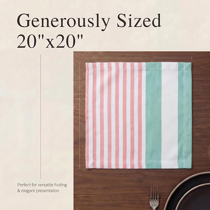 Urban Villa Cloth Napkins Cotton 20x20 (Set of 12) Ruby Green Stripes - Image 6