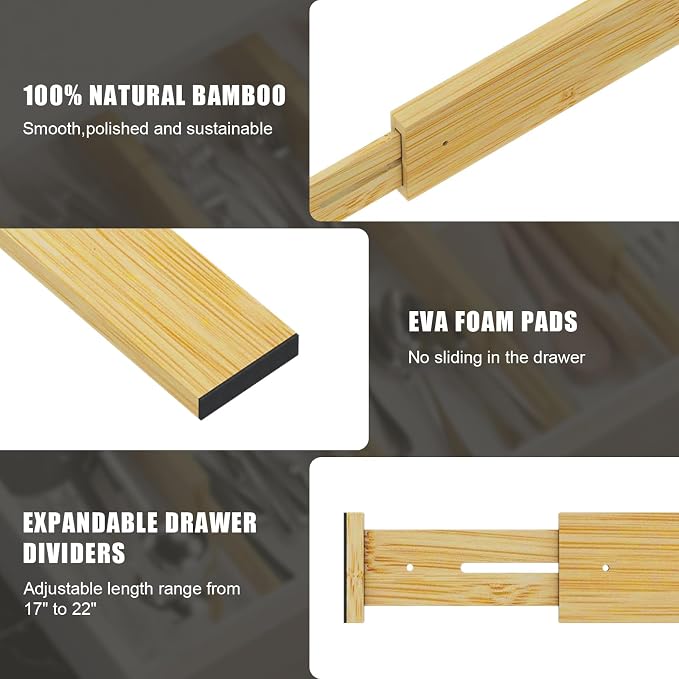 Bamboo Drawer Dividers, Adjustable Drawer Organizers, Fits 17.6–21" Drawers | 2.5" High, 4 Pack Expandable Drawer Separators for Kitchen, Nursery, Dressers & Office Storage, Natural - Image 7