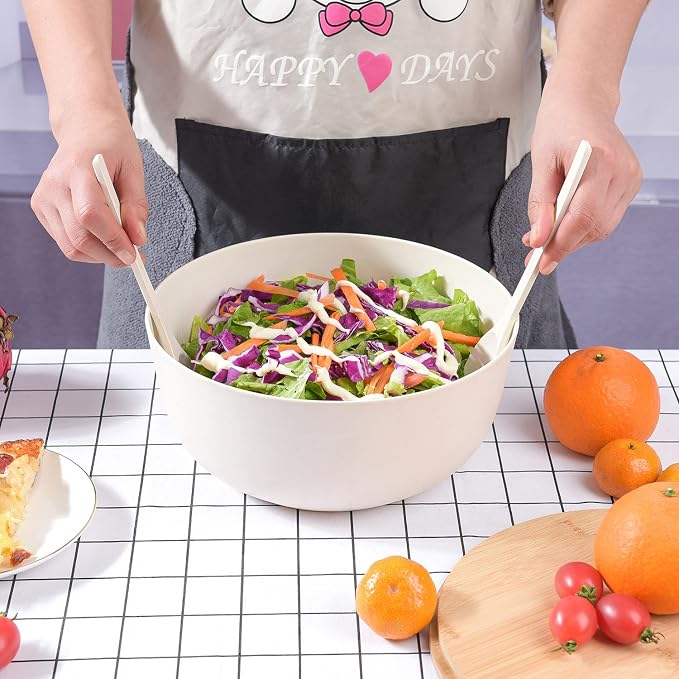 LOVYANXUE Bamboo Fiber Salad Bowl with Servers Set Large 9.8inches Nature Bamboo Mixing Bowl with Servers with Lid Spoon and Fork for Fruits,Salads and Vegetables - Image 4