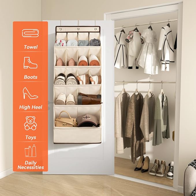 FENTEC 1 Pack Over the Door Shoe Organizers, Hanging Shoe Organizer with Large Deep Pocket Shoe Holder for Closet Shoes Rack for Wall, Over Door Shoe Storage Hold up to 18 Pairs Shoes, Beige - Image 5