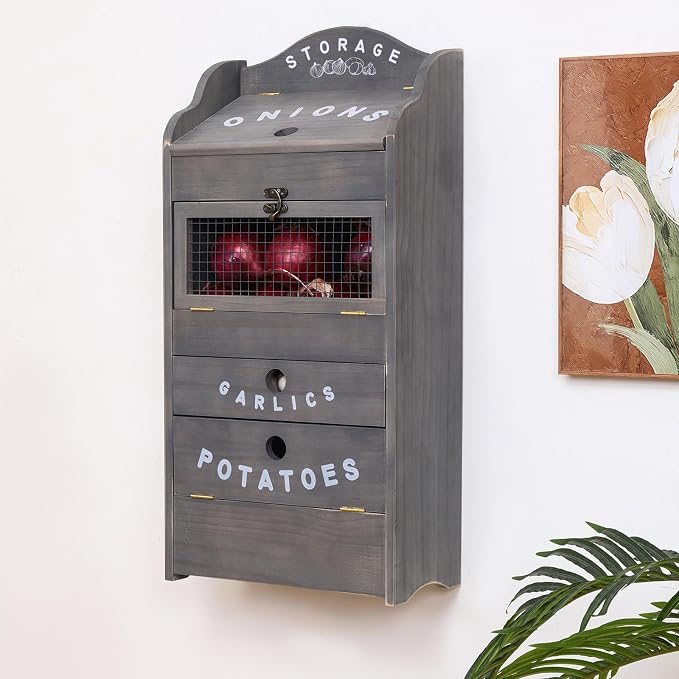 ARTAWEIN Potato Storage Bin Wall-mountable Potato Box with Lid Rustic and Garlic Drawer Onion Organizer with Grocery Section Decorative Vegetable Organization Cabinet for Kitchen - Image 9
