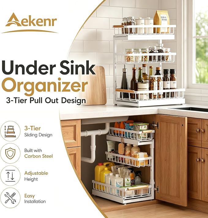 Under Sink Organizer and Storage - 3 Tier Cabinet Pull Out Shelf Organizers | 2 Pack 3 Tier under sink storage for Bathroom and Kitchen - Slide Out Drawer Organization for Home Cabinets Shelve and Drawer - Image 2