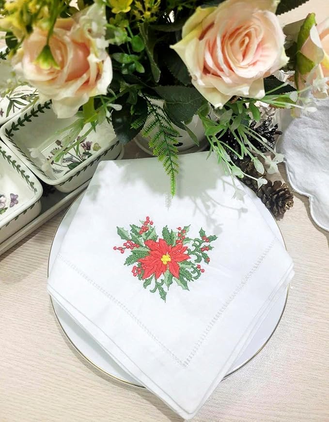 Embroidered Cloth Napkin Red Poinsettia and Berry Christmas Cotton Napkins Set of 6, 20 x 20 Hemstitch Table Napkins Machine Washable, Daily & Holidays, Great Gift Ideas - Image 6