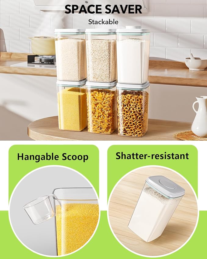 Airtight Food Storage Container with Pop Lid & 130ml Scoop, 4L/4.2qt *4 BPA-Free Cereal, Rice, Flour, Pasta & Snack Container, Stackable & Durable,Kitchen Pantry Organizer - Image 4