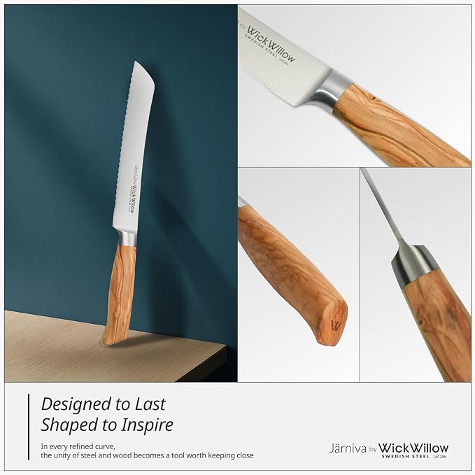 WICKWILLOW 8” Double Serrated Bread Knife – Swedish Steel, Olive Wood | Perfect for sourdough, homemade bread and artisan loaves. Hand wash only. Gift box included. - Image 5