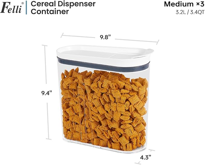 Felli Airtight Cereal Containers 3.3 Qt, Stackable BPA-Free Acrylic Cereal Dispenser with Flip-Top Lid, Medium Pantry Food Storage for Oats, Granola, Rice (Medium 3.3Qt - 3pk) - Image 4