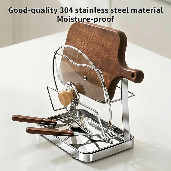 304 Stainless Steel Pot Lid Holder ＆ Spoon Rest While Cooking, Kitchen Storage Rack, Stove Top Organizer for Pan Lids, Multifunctional Cover Stand with Removable Drip Tray - Image 7
