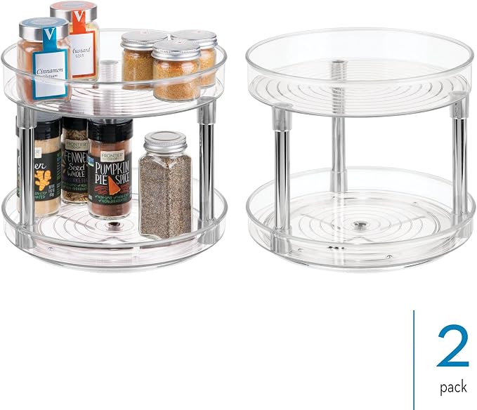 iDesign 9-Inch Plastic 2-Tier Lazy Susan Turntable, Set of 2, Clear/Chrome | Kitchen and Bathroom - Image 2