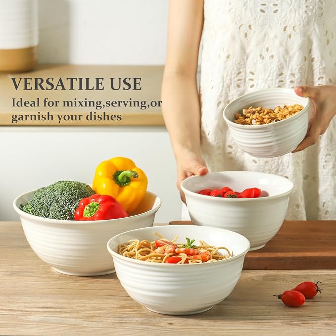Hasense Ceramic Mixing Bowls, 2.1/1.5/1.0/0.5 Qt, Nesting Bowls for Cooking, Baking, Serving Dishes for Salad, Fruits, Popcorn, Dishwasher & Microwave Safe, Set of 4, Clay-Infused White - Image 3