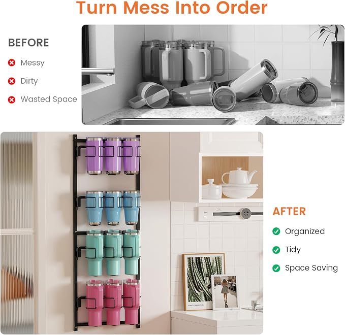 Housolution Water Bottle Tumbler Organizer Storage Holder Rack for Stanley | Upgrade Bottom Support Design for 10 to 40 oz Cup, Wall/Door Mounted, Compatible with Stanley and Other Brands - Image 7