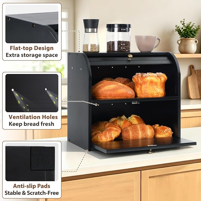 Sunhoo Wooden Bread Box for Kitchen Countertop, Roll Top Breadbox, Black | Large Double Layer Pantry Container, Solid Wood with Cutting Board, Fresh Homemade Sourdough Bin Cabinet, Vintage Farmhouse - Image 6