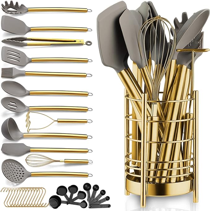 Gold Kitchen Utensils Set, Berglander 38 Pieces Non-stick Silicone Cooking Tools Spoon Spatula Set With Sturdy Stainless Steel Utensil Holder, Dishwasher Safe by Berglander
