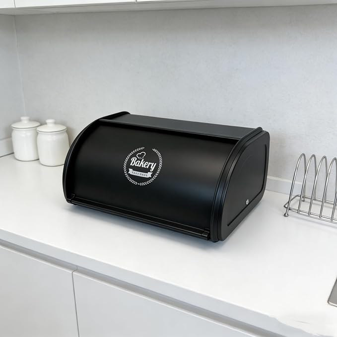 Vintage Roll-Top Bread Box, Black Stainless Steel Farmhouse | Small Metal Bread Bin Storage Container Kitchen Countertop Homemade Sourdough Loaf Roll Top by JunWondC