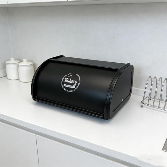 Vintage Roll-Top Bread Box, Black Stainless Steel Farmhouse | Small Metal Bread Bin Storage Container Kitchen Countertop Homemade Sourdough Loaf Roll Top by JunWondC