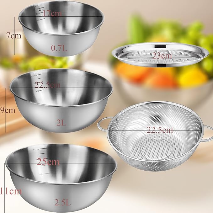 Mixing Bowls, Set of 3, Stainless Steel Bowl, Salad Bowl Set, Gourmet Bowl Set with Strainer and Grater Attachments, Serving Bowls, Snack Bowls and Bowls, Size 2.5 L, 2 L, 0.7 L, Stackable and - Image 6