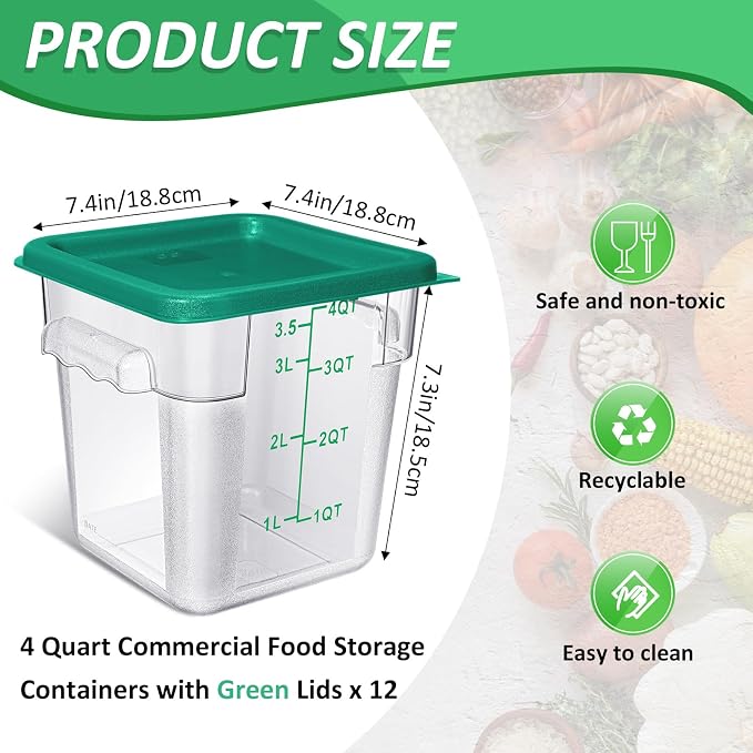Yungyan 12 Pcs 4 Qt Commercial Food Storage Containers with Lids Restaurant Square Airtight Food Storage Containers Clear Cereal Containers for Kitchen Freezer Dishwasher Pantry(Green Lid) - Image 2