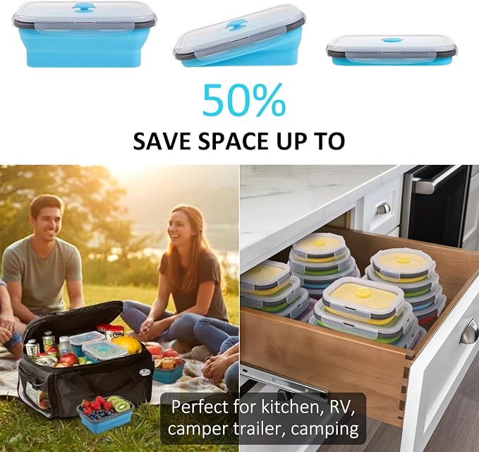 Collapsible Food Storage Containers with Airtight Lid & Vent Valve, 27 oz, Annaklin Kitchen Stacking Silicone Collapsible Meal Prep Container Set for Leftover, Microwave Freezer Safe, Blue, Set of 4 - Image 3