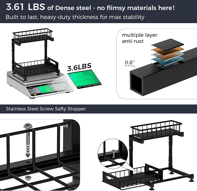 L-Shaped Under Sink Organizer, 2-Tier Pull-out Cabinet Rack 1-Pack | Black Height-Adjustable Metal Rack, Sliding Grid Drawers with Safety Stopper, Holds 100 Lbs, Ideal Kitchen Cabinet Storage - Image 4
