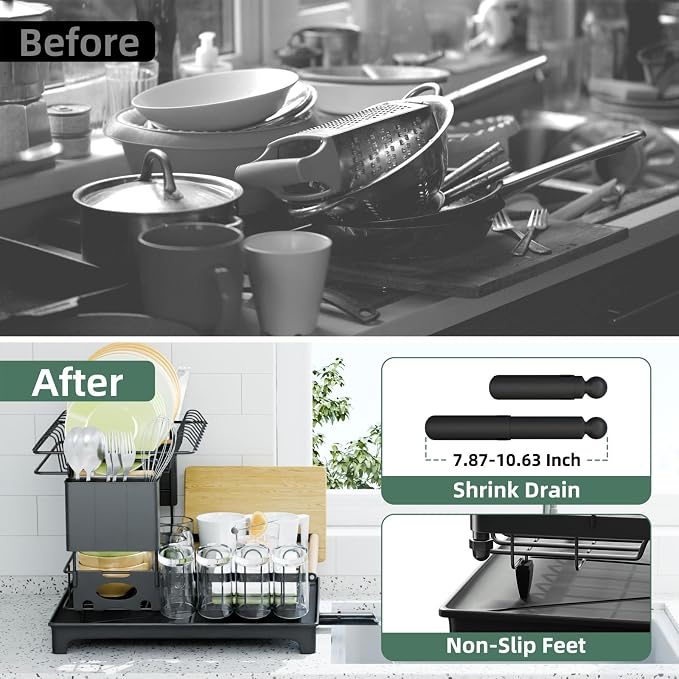 2-Tier Dish Rack with Drainboard: Large Capacity Anti-Rust Kitchen Counter Organizer with Cup, Utensil & Cutting Board Holders, Heavy Duty Dish Drying Rack, Black - Image 6