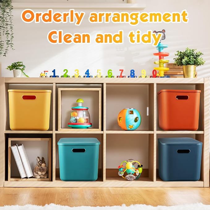 8 Pieces Colorful Storage Bins with Lid, Plastic Storage Basket Organizing Container Stackable Box with Handle for Shelves Desktop Playroom Office(14.2 x 10.2 x 9.5 Inch,Multi-colored) - Image 4