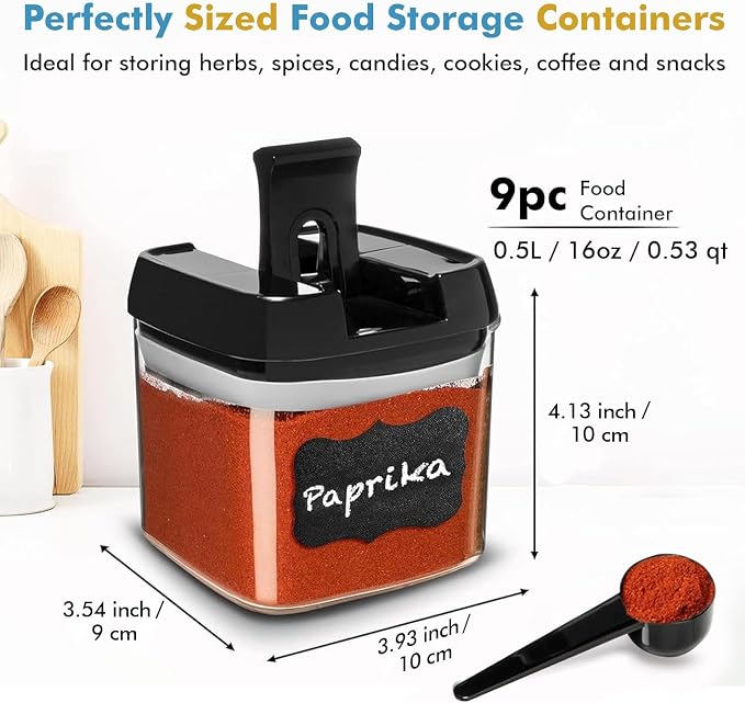 Shazo 9 PC Airtight Food Storage Containers - BPA Free Clear Plastic Snack & Spice Containers with Easy Lock Lids - Kitchen and Pantry Organization for Herbs, Coffee, Tea - 0.5L / 2.1 Cups - Image 3