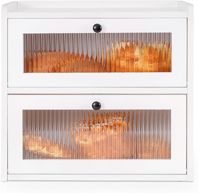 Sunhoo Bread Box for Kitchen Countertop Wooden Bread Storage Container Bin 2 Layer Breadbox Holder Large Capacity Keeper Vintage Farmhouse Food Organizer Pantry Shelf Acrylic Window (White) by Sunhoo