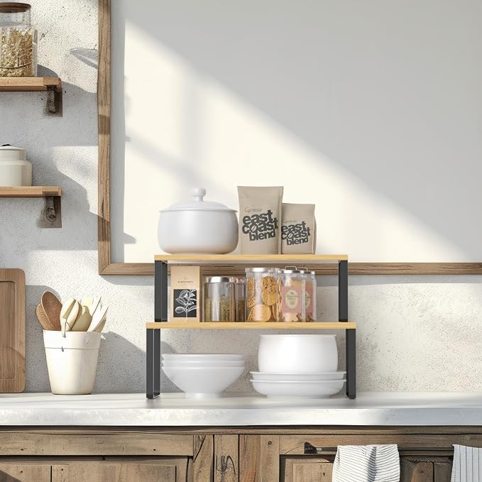 NEX Kitchen Cabinet and Counter Shelf Organizer, Stackable & Expandable, Set of 4, Black and Natural - 7.7 x 15.6 x 6.2'' - Image 6