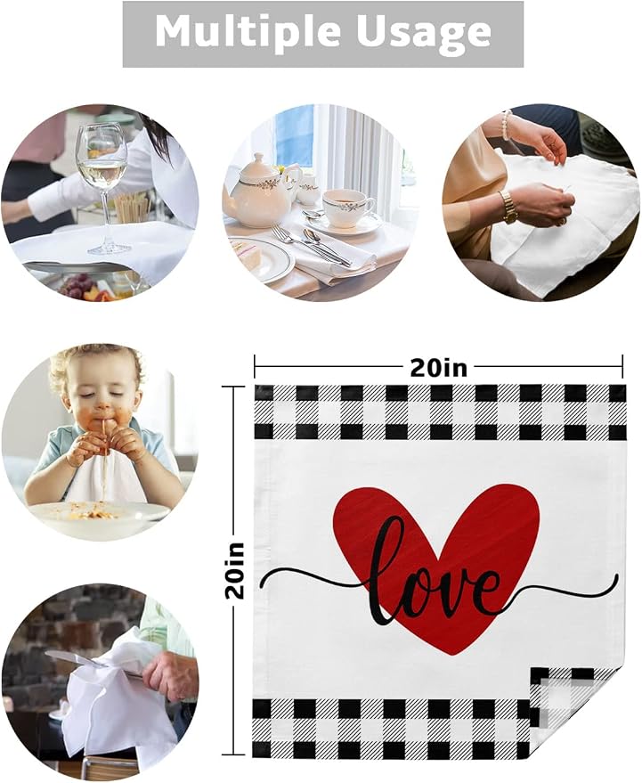 Kitchen Cloth Napkins 4 Pack Reusable Dinner Napkins Love Valentines Red Heart Black White Buffalo Plaid Polyester Soft Smooth Fabric Table Napkin for Wedding Banquet Party Decoration (20x20 Inches) - Image 5