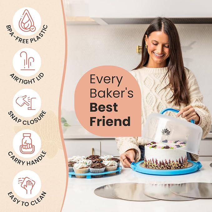 Cake Carrier with Lid and Handle – 10" Cake Storage Container with Baking Accessories, Cake Stand with Baking Pan, Cupcake Tray, Cake Boards & Piping Set - Image 6