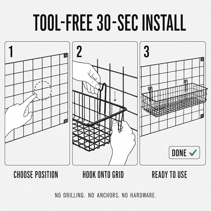 Hanging Wall Baskets, 2 Pack 15.7 in Metal Wire Storage, Black | Suits grid panels spaced one to two inches, sturdy organizer for garage, craft room, kitchen & pantry, panel not included - Image 8