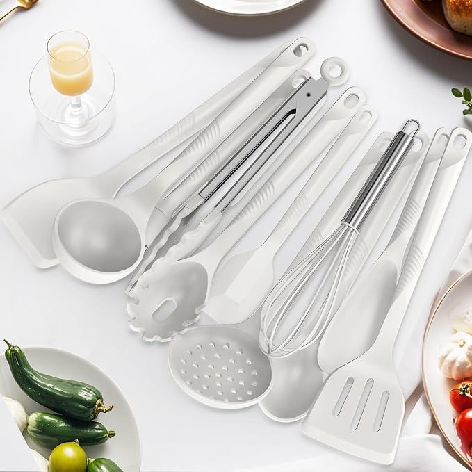 Silicone Cooking Utensils Set - 600°F Heat Resistant, Nonstick Kitchen Utensil Set with Spatulas, Spoons, Whisk, Tongs, BPA Free, Dishwasher Safe, Cream White - Image 3