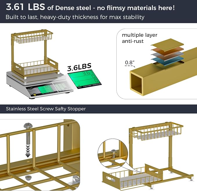 L-Shaped Under Sink Organizer, 2-Tier Pull-out Cabinet Rack 1-Pack | Gold Height-Adjustable Steel Rack, Sliding Grid Drawers with PP Liners, Holds 100 Lbs, Suction Base, Ideal Kitchen Storage - Image 4