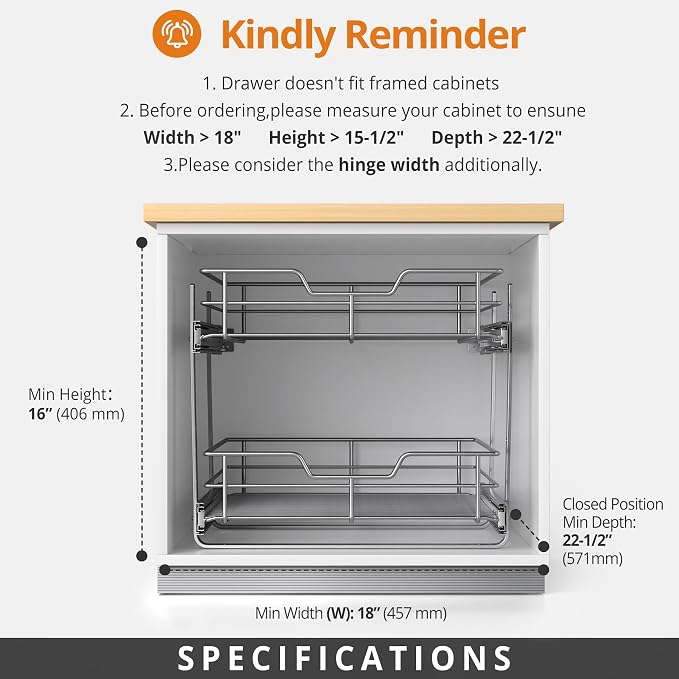 ZOINLIY Pull Out Cabinet Organizer,Slide Out Kitchen Organizers and Storage | Heavy Duty Drawer Cupboard Storage Basket, Smooth Sliding, Chrome Finish (2-Tiers-17¾''W×22“D) - Image 5