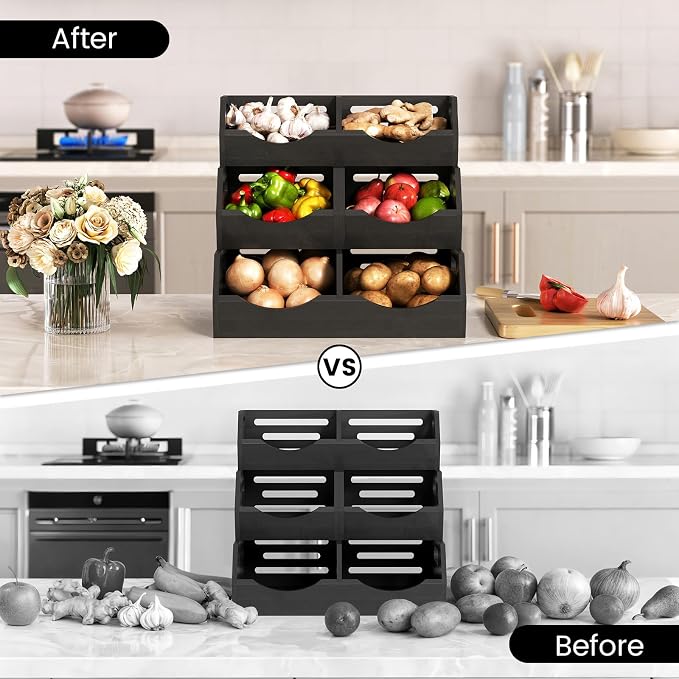 Potato Storage Bins Onion, 3 Tier Bamboo Pantry Storage Bin Stackable Ventilated Organizer for Kitchen, Pantry, Countertop, Bathroom, Black - Image 8