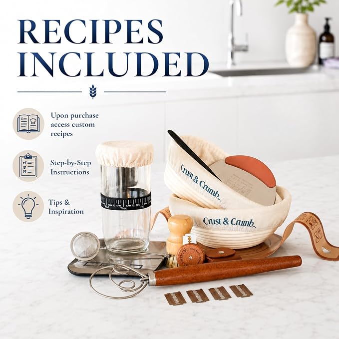 Complete Sourdough Starter Kit, 2 Bannteon Bread Proofing Baskets 9" & 10", UFO Bread Lame, Food Scale, Starter Jar, Silicone Baking Mat, Stainless Steel Dough Scraper and Flour Sifter, Recipes - Image 9
