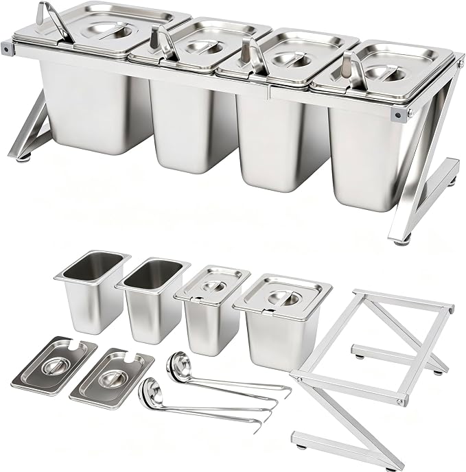 Telescoping Pizza Topping Station Container Food Prep Condiment Holder | Stainless Steel Container Set Spice Rack with 4 Pans & 4* Spoons & Lids, Food Truck Kitchen Buffet Pizza Oven Accessories by kunghei